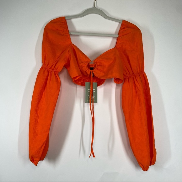 H&M Balloon-Sleeved Cropped Blouse Top Orange Size M Rave Festival Tie Front - Picture 2 of 12